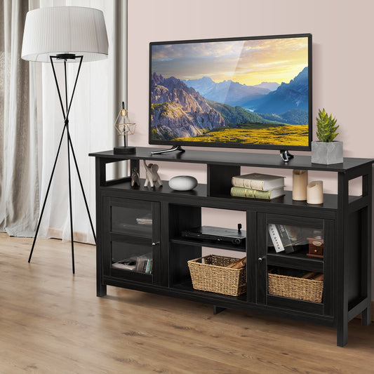 58 Inch TV Stand with Cabinets and Open Shelves for TVs up to 65 Inches, Black Wood Finish