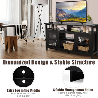 58 Inch TV Stand with Cabinets and Open Shelves for TVs up to 65 Inches, Black Wood Finish