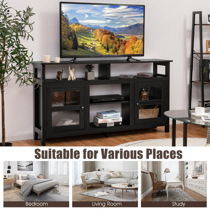 58 Inch TV Stand with Cabinets and Open Shelves for TVs up to 65 Inches, Black Wood Finish