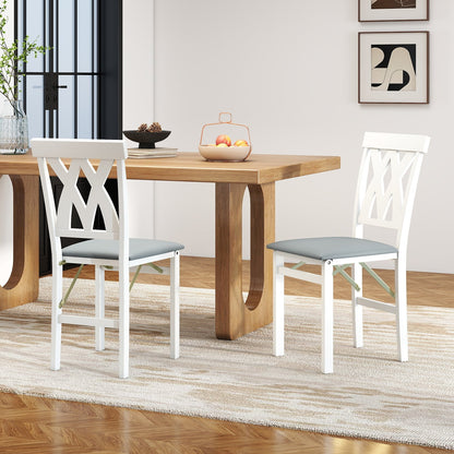 Set of 2 Foldable Wooden Dining Chairs with Faux Leather Cushions and Armless Design in White