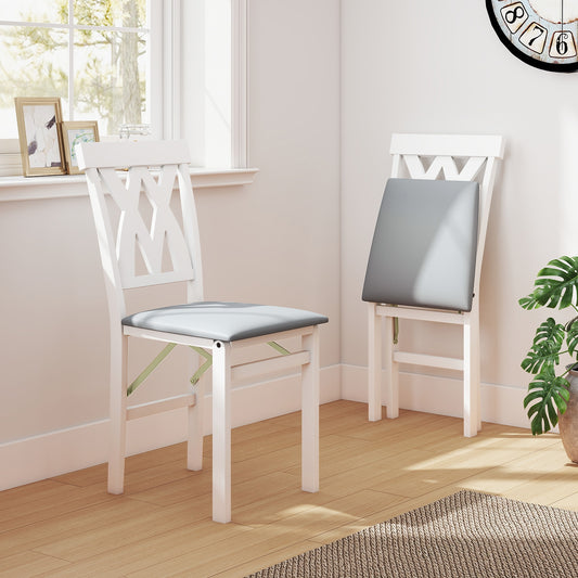 Set of 2 Foldable Wooden Dining Chairs with Faux Leather Cushions and Armless Design in White