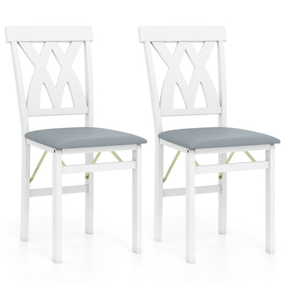 Set of 2 Foldable Wooden Dining Chairs with Faux Leather Cushions and Armless Design in White