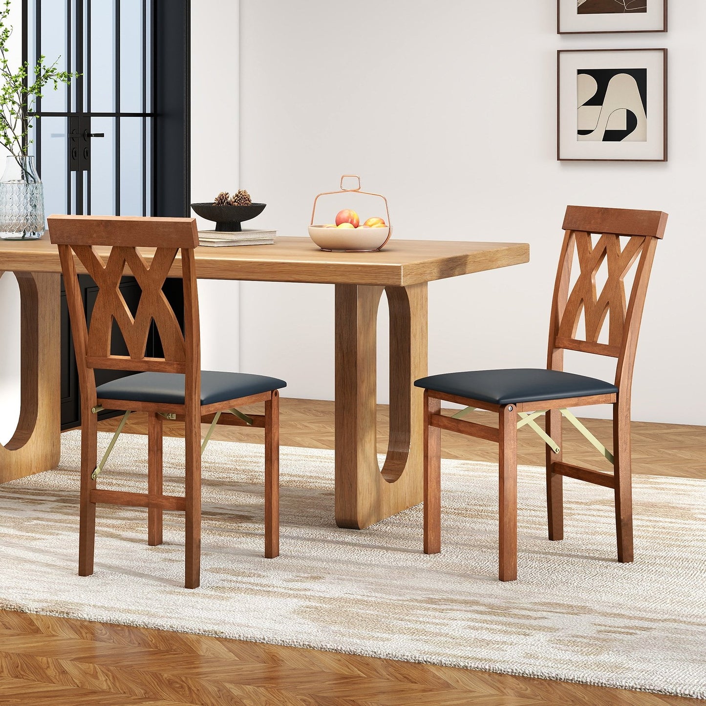 Set of 2 Foldable Wooden Dining Chairs with Faux Leather Cushions and Armless Design in Walnut