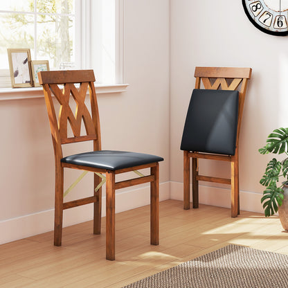 Set of 2 Foldable Wooden Dining Chairs with Faux Leather Cushions and Armless Design in Walnut
