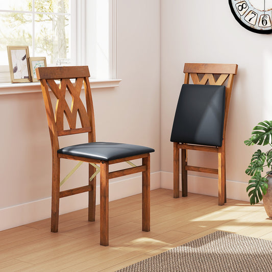 Set of 2 Foldable Wooden Dining Chairs with Faux Leather Cushions and Armless Design in Walnut