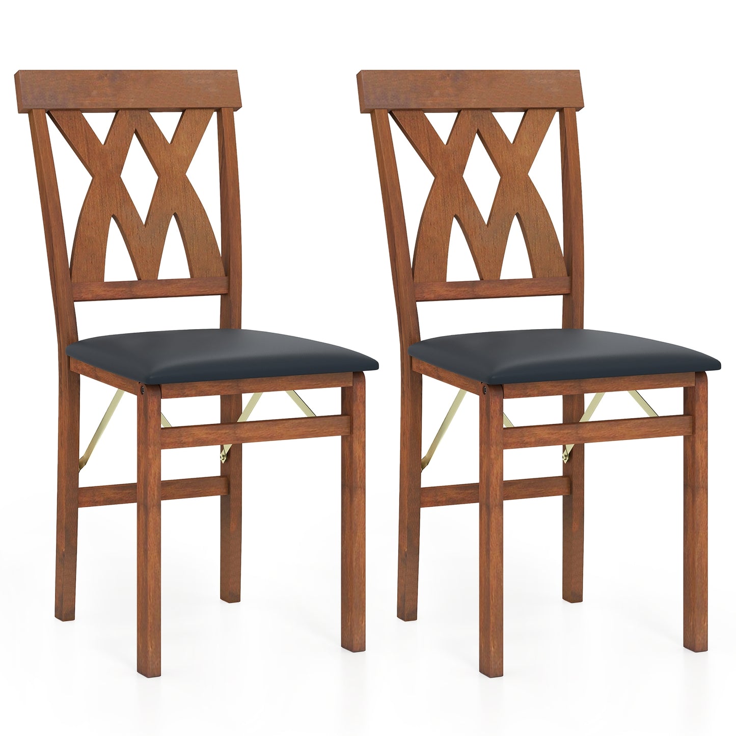 Set of 2 Foldable Wooden Dining Chairs with Faux Leather Cushions and Armless Design in Walnut