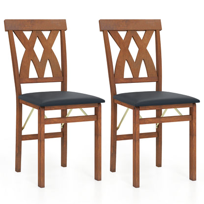 Set of 2 Foldable Wooden Dining Chairs with Faux Leather Cushions and Armless Design in Walnut