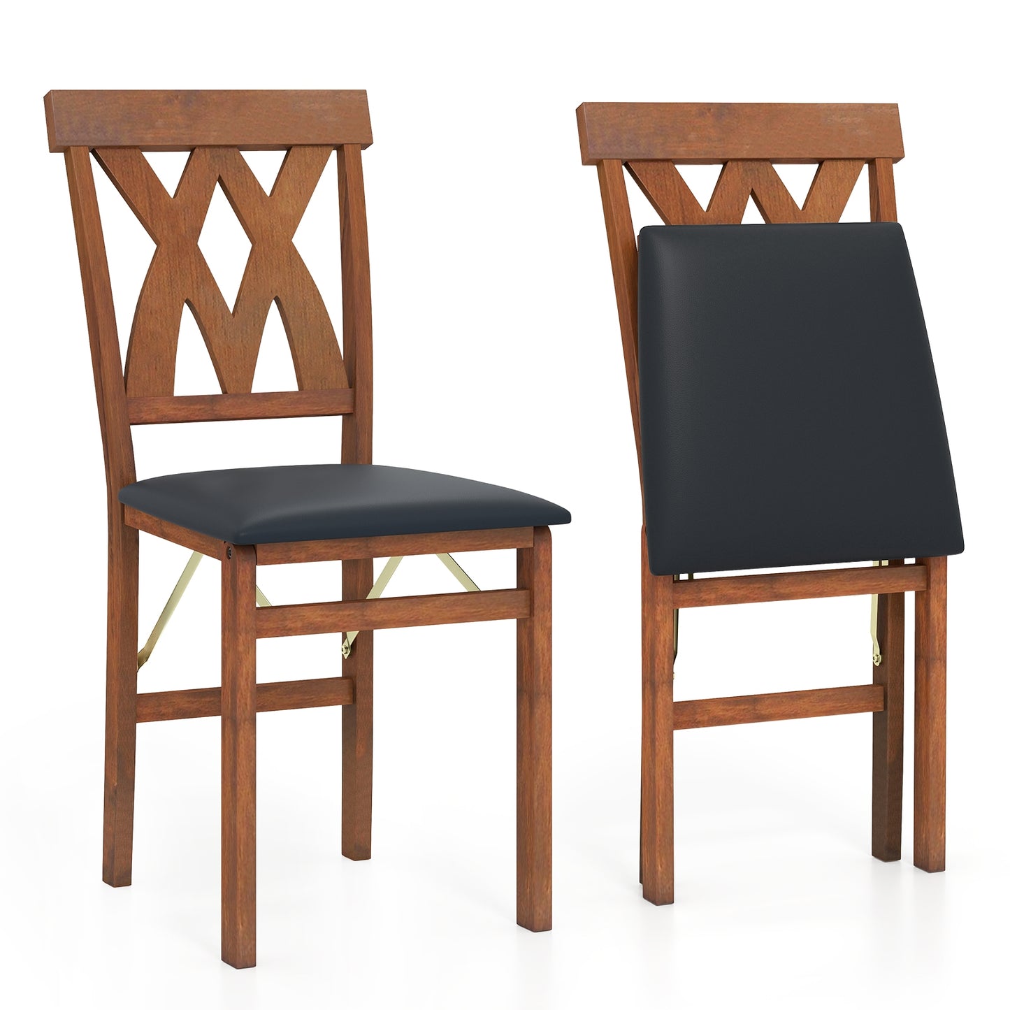 Set of 2 Foldable Wooden Dining Chairs with Faux Leather Cushions and Armless Design in Walnut