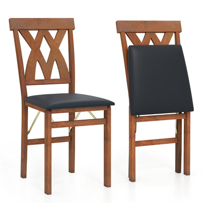 Set of 2 Foldable Wooden Dining Chairs with Faux Leather Cushions and Armless Design in Walnut