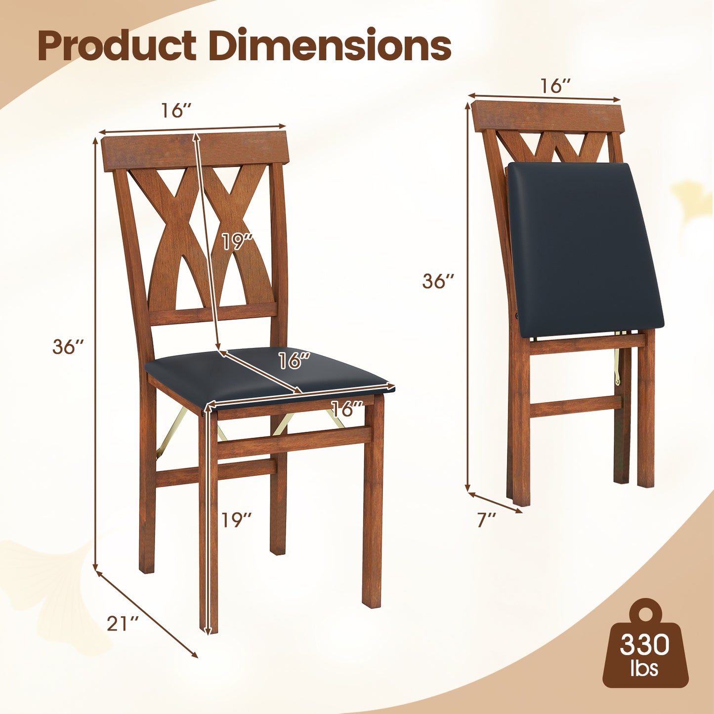 Set of 2 Foldable Wooden Dining Chairs with Faux Leather Cushions and Armless Design in Walnut