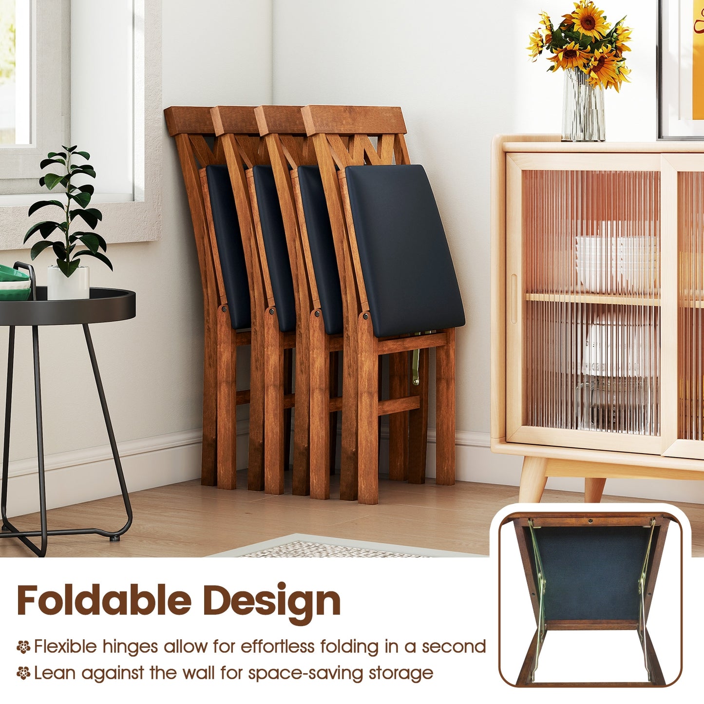 Set of 2 Foldable Wooden Dining Chairs with Faux Leather Cushions and Armless Design in Walnut