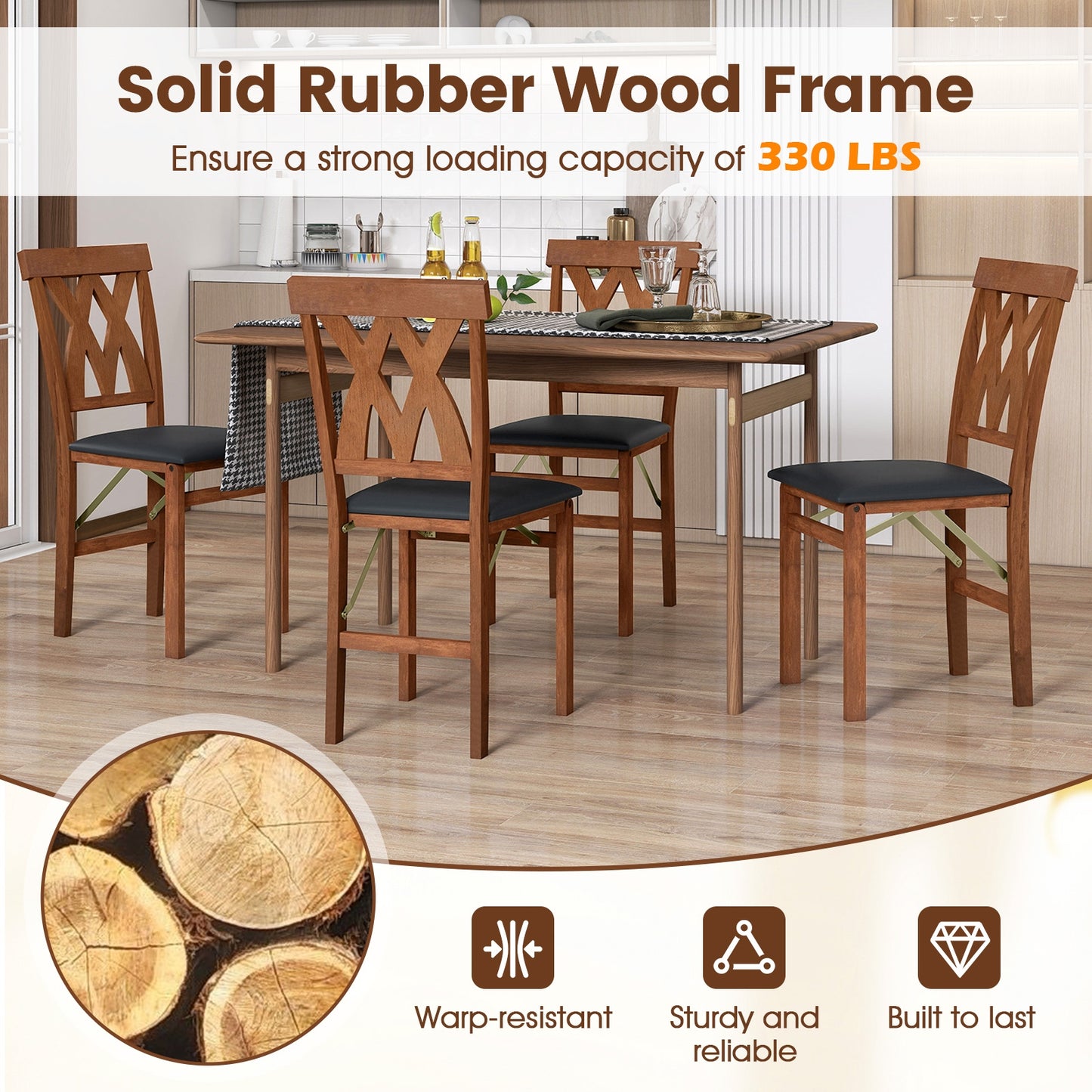 Set of 2 Foldable Wooden Dining Chairs with Faux Leather Cushions and Armless Design in Walnut