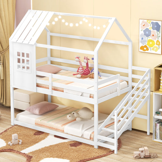 Kids Twin House Loft Bed with Stairs and Roof
