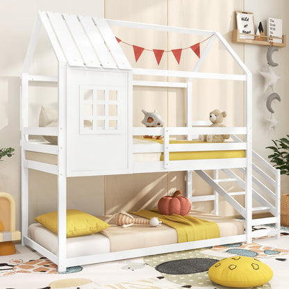 Kids Twin House Loft Bed with Stairs and Roof