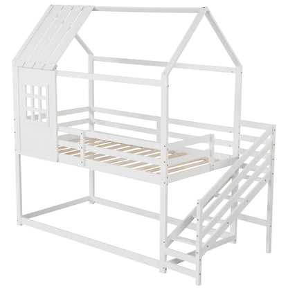 Kids Twin House Loft Bed with Stairs and Roof