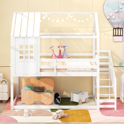 Kids Twin House Loft Bed with Stairs and Roof