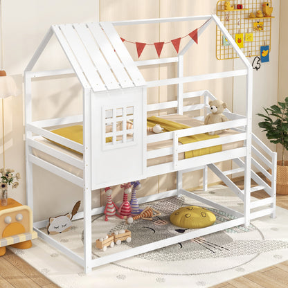 Kids Twin House Loft Bed with Stairs and Roof