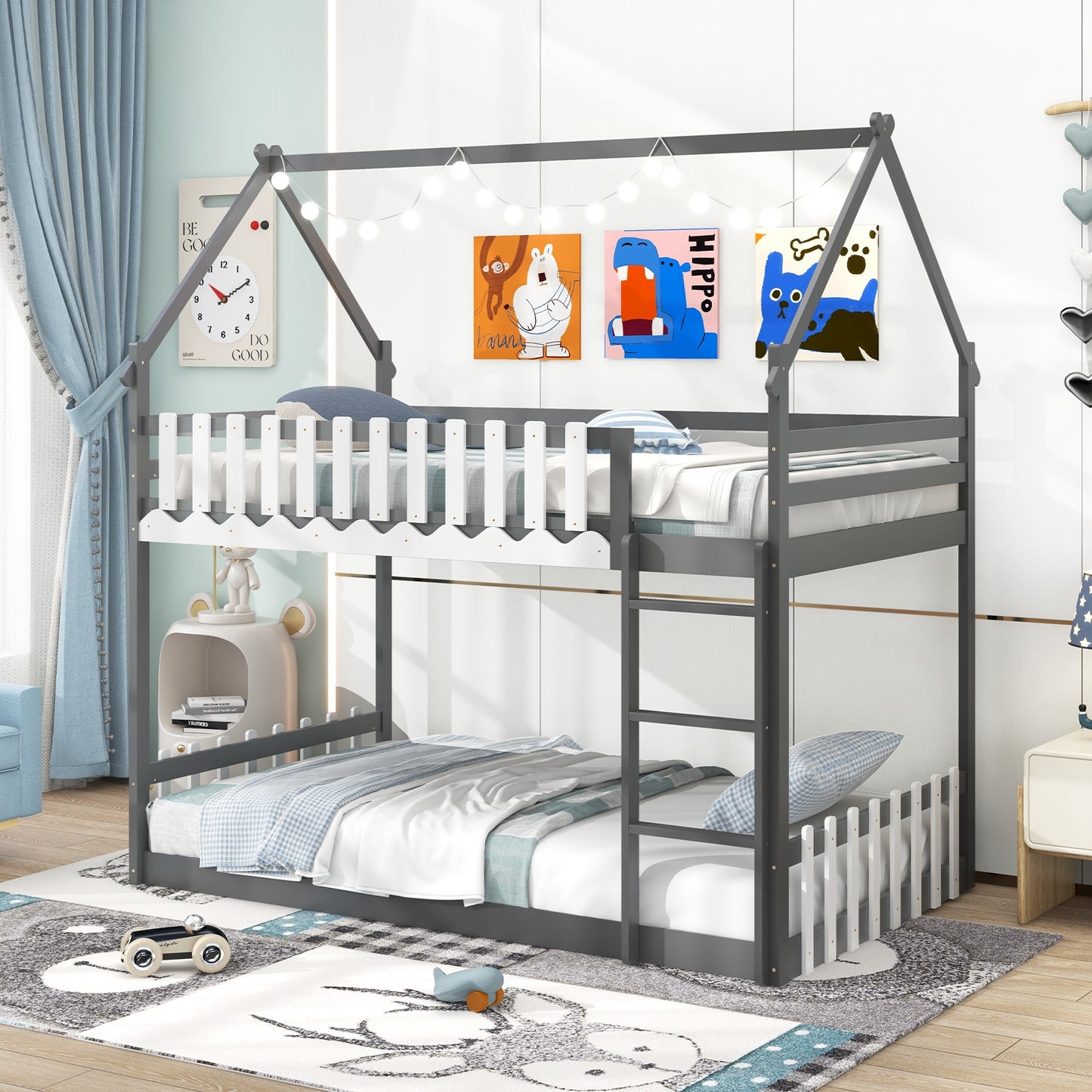 House-Shaped Twin Over Twin Bunk Bed with Fence Guardrails and Ladder for Kids - Grey