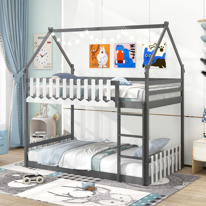 House-Shaped Twin Over Twin Bunk Bed with Fence Guardrails and Ladder for Kids - Grey