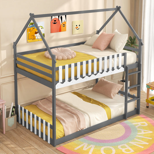 House-Shaped Twin Over Twin Bunk Bed with Fence Guardrails and Ladder for Kids - Grey