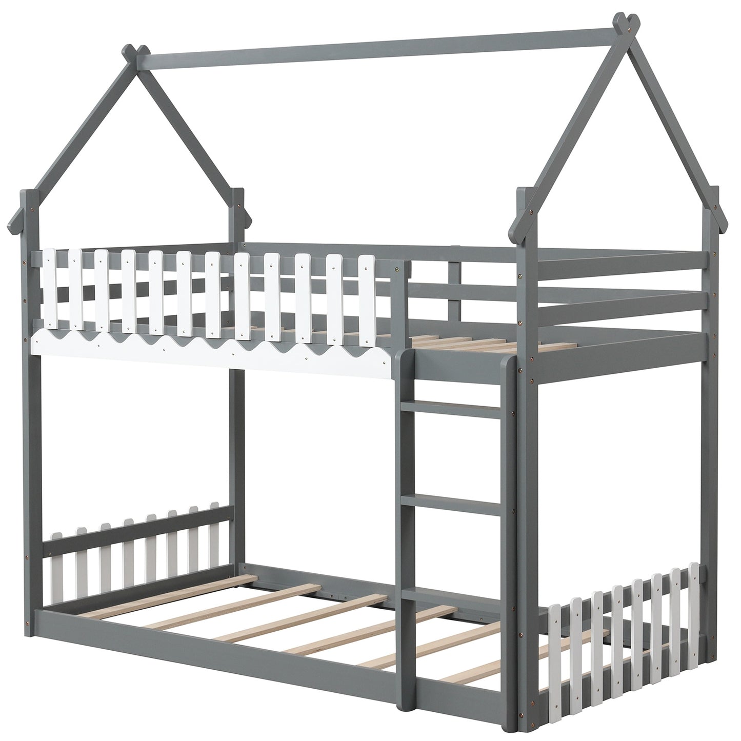 House-Shaped Twin Over Twin Bunk Bed with Fence Guardrails and Ladder for Kids - Grey