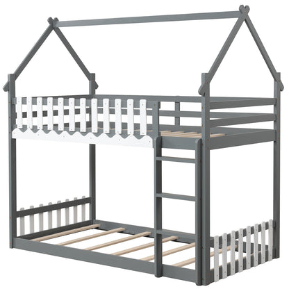 House-Shaped Twin Over Twin Bunk Bed with Fence Guardrails and Ladder for Kids - Grey
