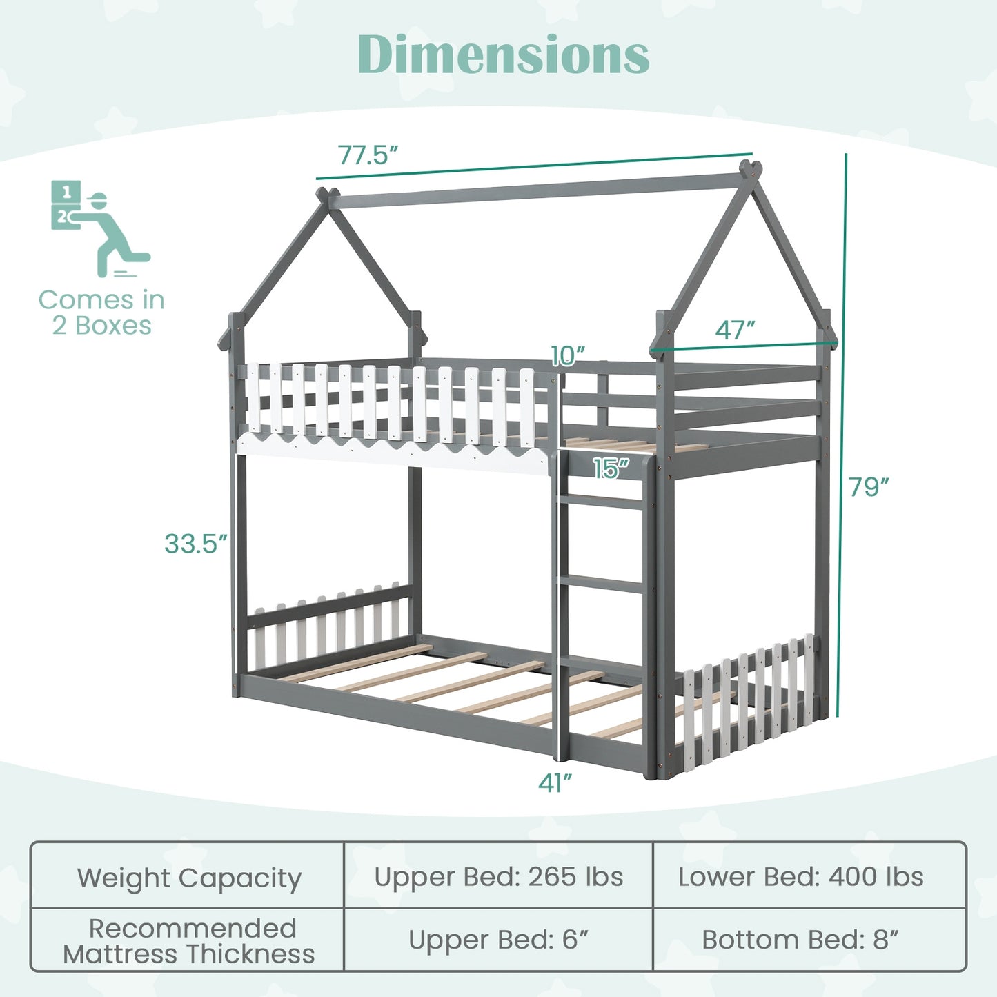 House-Shaped Twin Over Twin Bunk Bed with Fence Guardrails and Ladder for Kids - Grey