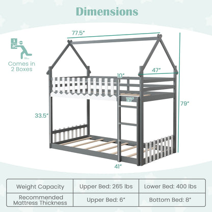 House-Shaped Twin Over Twin Bunk Bed with Fence Guardrails and Ladder for Kids - Grey