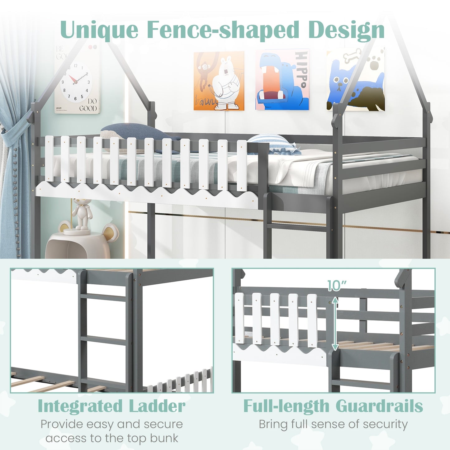 House-Shaped Twin Over Twin Bunk Bed with Fence Guardrails and Ladder for Kids - Grey