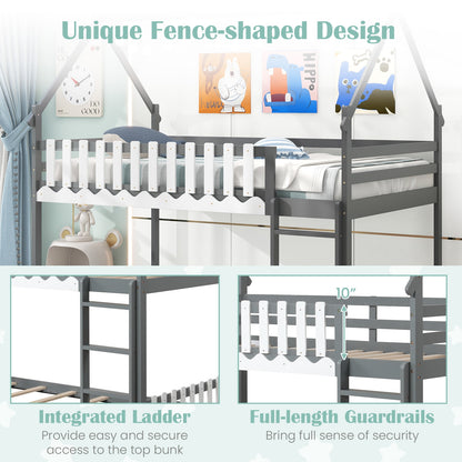 House-Shaped Twin Over Twin Bunk Bed with Fence Guardrails and Ladder for Kids - Grey