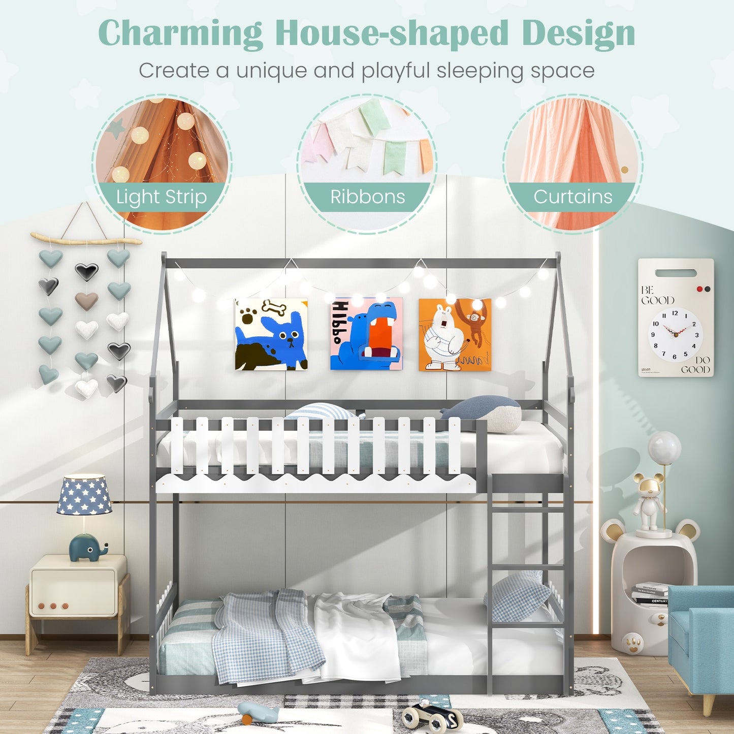 House-Shaped Twin Over Twin Bunk Bed with Fence Guardrails and Ladder for Kids - Grey