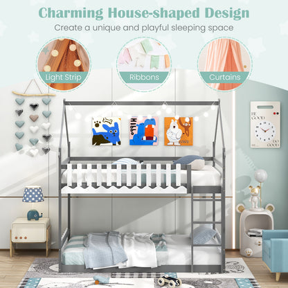 House-Shaped Twin Over Twin Bunk Bed with Fence Guardrails and Ladder for Kids - Grey