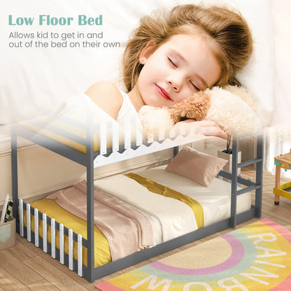 House-Shaped Twin Over Twin Bunk Bed with Fence Guardrails and Ladder for Kids - Grey