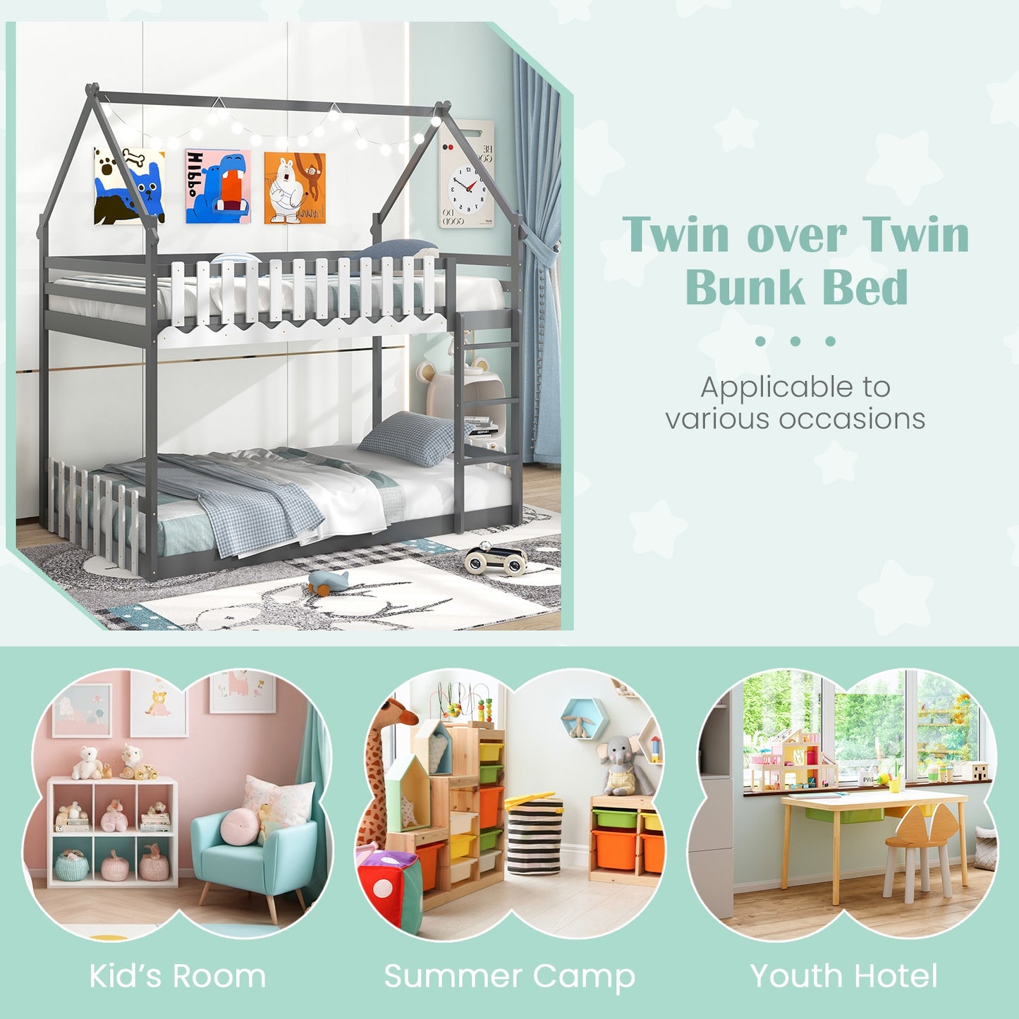 House-Shaped Twin Over Twin Bunk Bed with Fence Guardrails and Ladder for Kids - Grey