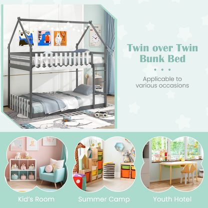 House-Shaped Twin Over Twin Bunk Bed with Fence Guardrails and Ladder for Kids - Grey
