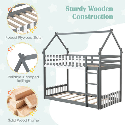 House-Shaped Twin Over Twin Bunk Bed with Fence Guardrails and Ladder for Kids - Grey