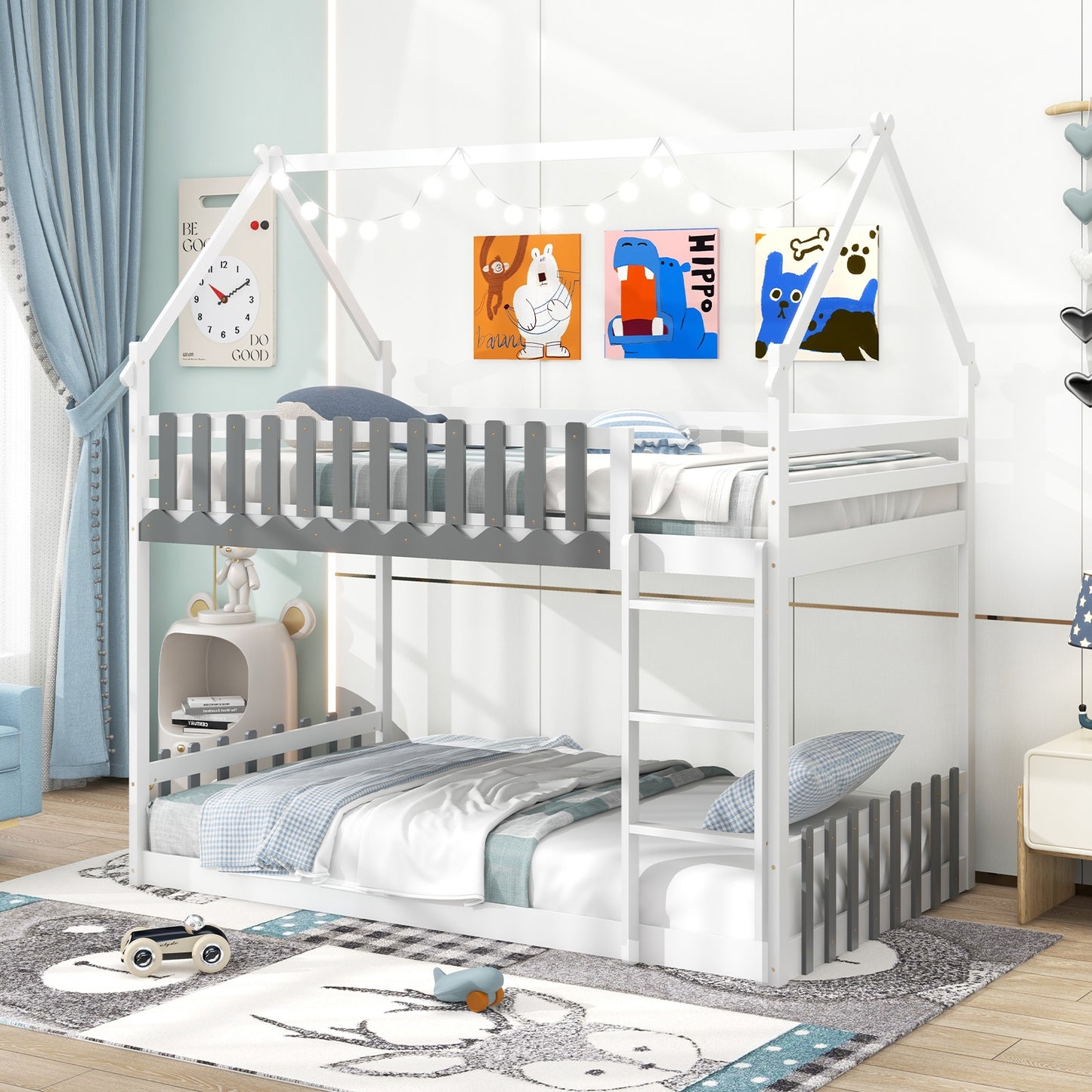 House-Shaped Twin Over Twin Bunk Bed with Fence Guardrails and Ladder for Kids - White