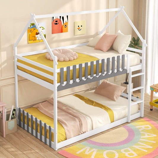 House-Shaped Twin Over Twin Bunk Bed with Fence Guardrails and Ladder for Kids - White