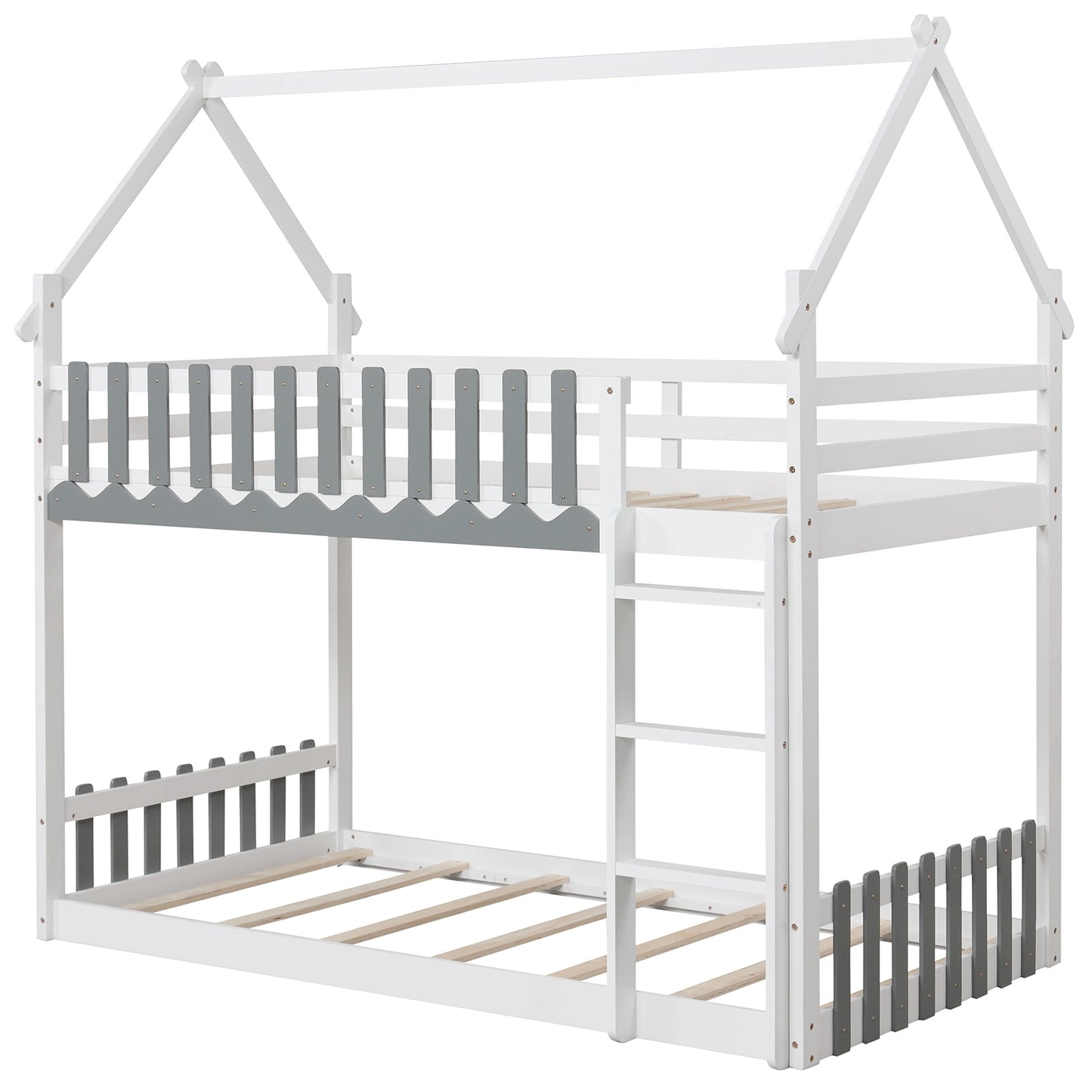 House-Shaped Twin Over Twin Bunk Bed with Fence Guardrails and Ladder for Kids - White