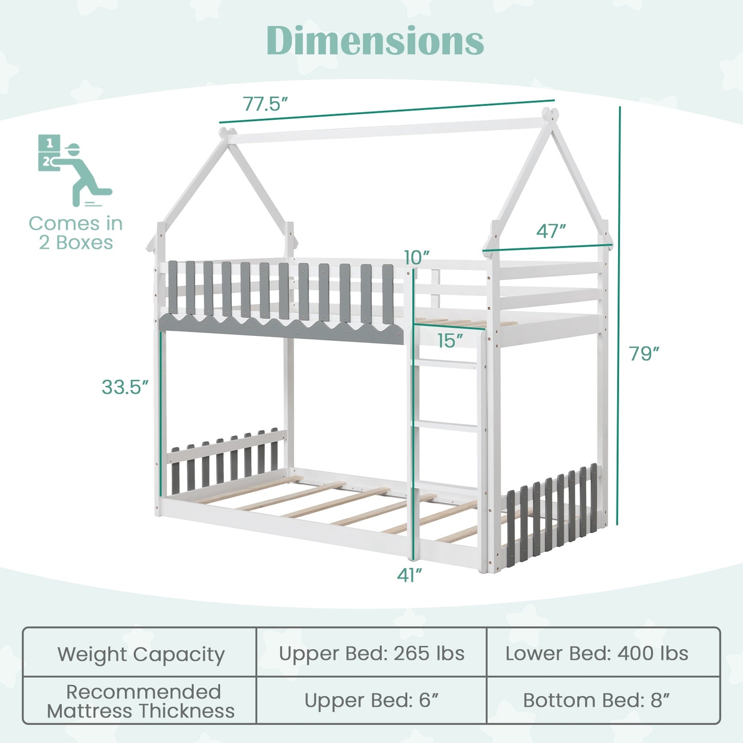 House-Shaped Twin Over Twin Bunk Bed with Fence Guardrails and Ladder for Kids - White