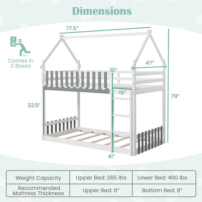 House-Shaped Twin Over Twin Bunk Bed with Fence Guardrails and Ladder for Kids - White