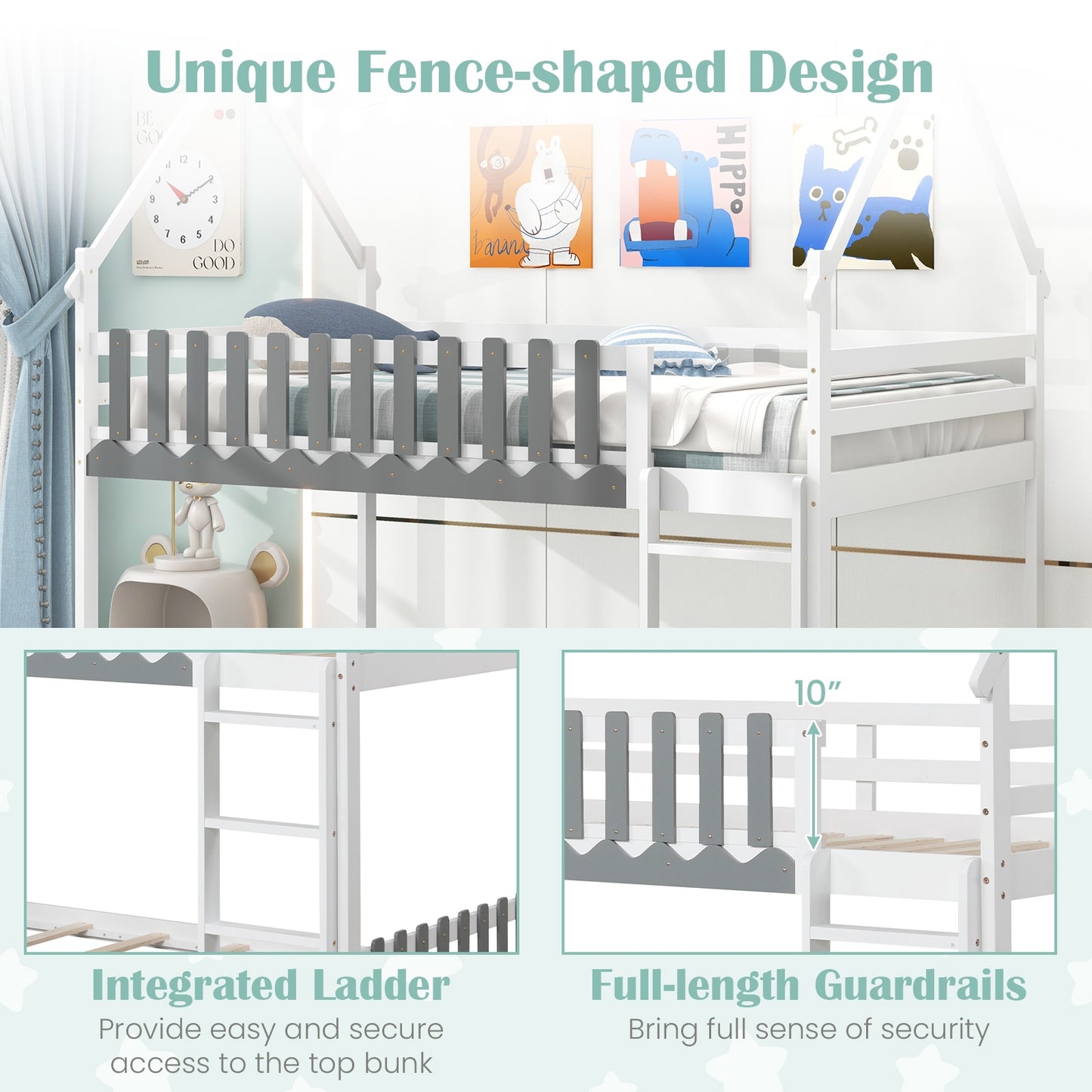 House-Shaped Twin Over Twin Bunk Bed with Fence Guardrails and Ladder for Kids - White
