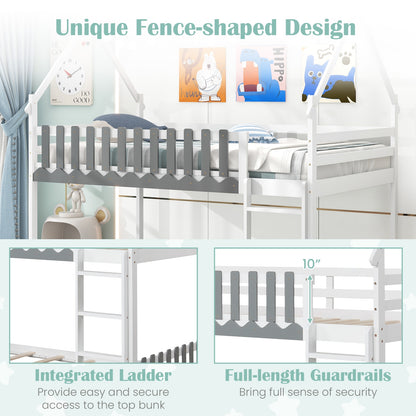 House-Shaped Twin Over Twin Bunk Bed with Fence Guardrails and Ladder for Kids - White