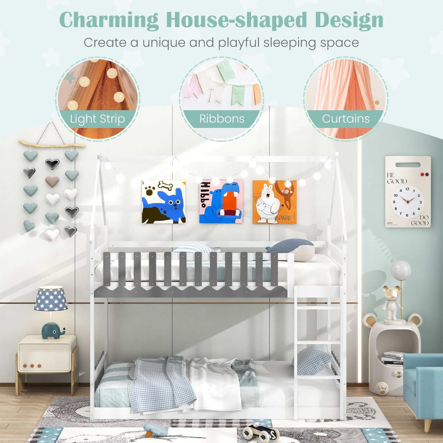 House-Shaped Twin Over Twin Bunk Bed with Fence Guardrails and Ladder for Kids - White