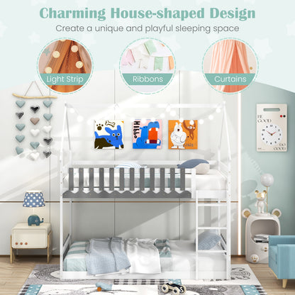 House-Shaped Twin Over Twin Bunk Bed with Fence Guardrails and Ladder for Kids - White
