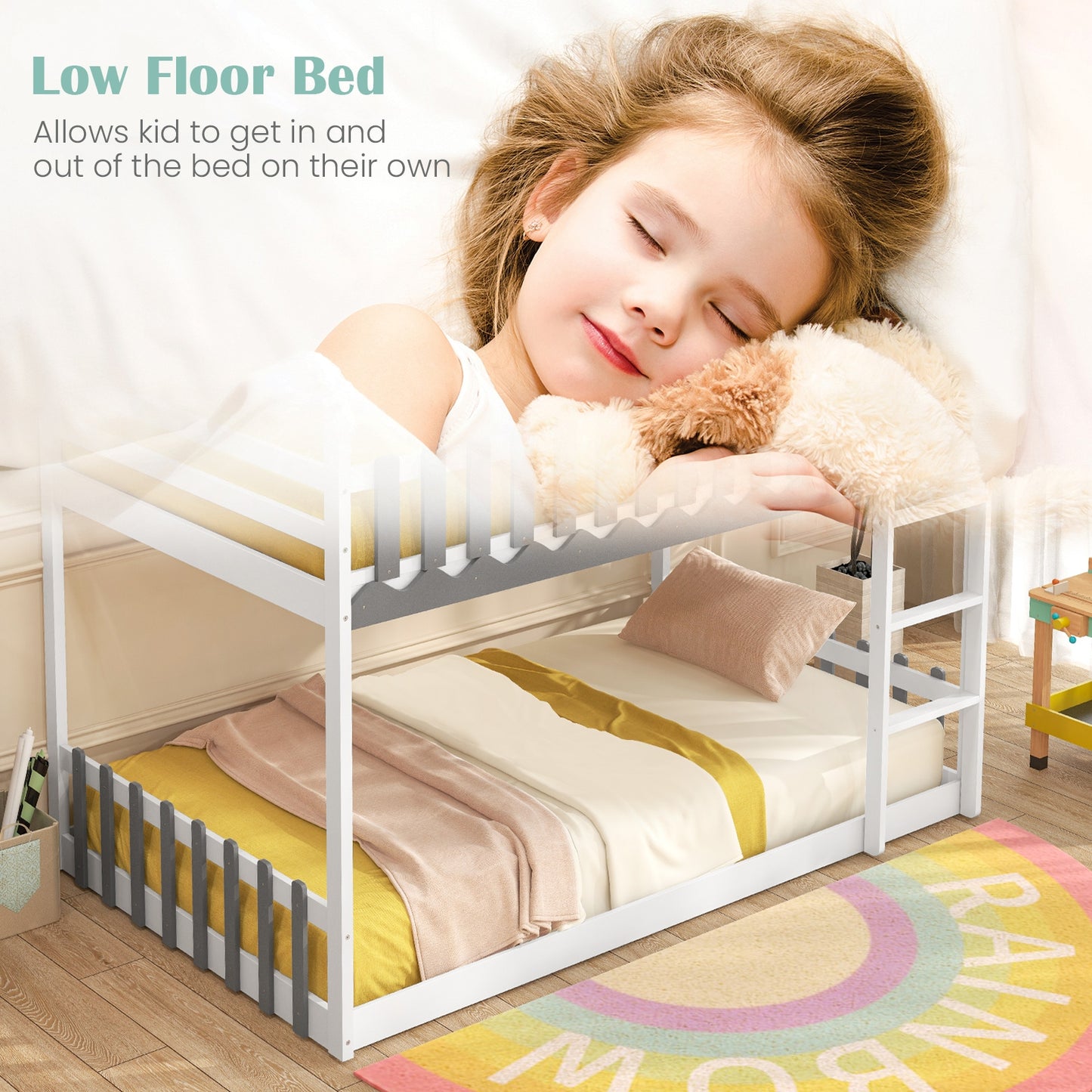 House-Shaped Twin Over Twin Bunk Bed with Fence Guardrails and Ladder for Kids - White