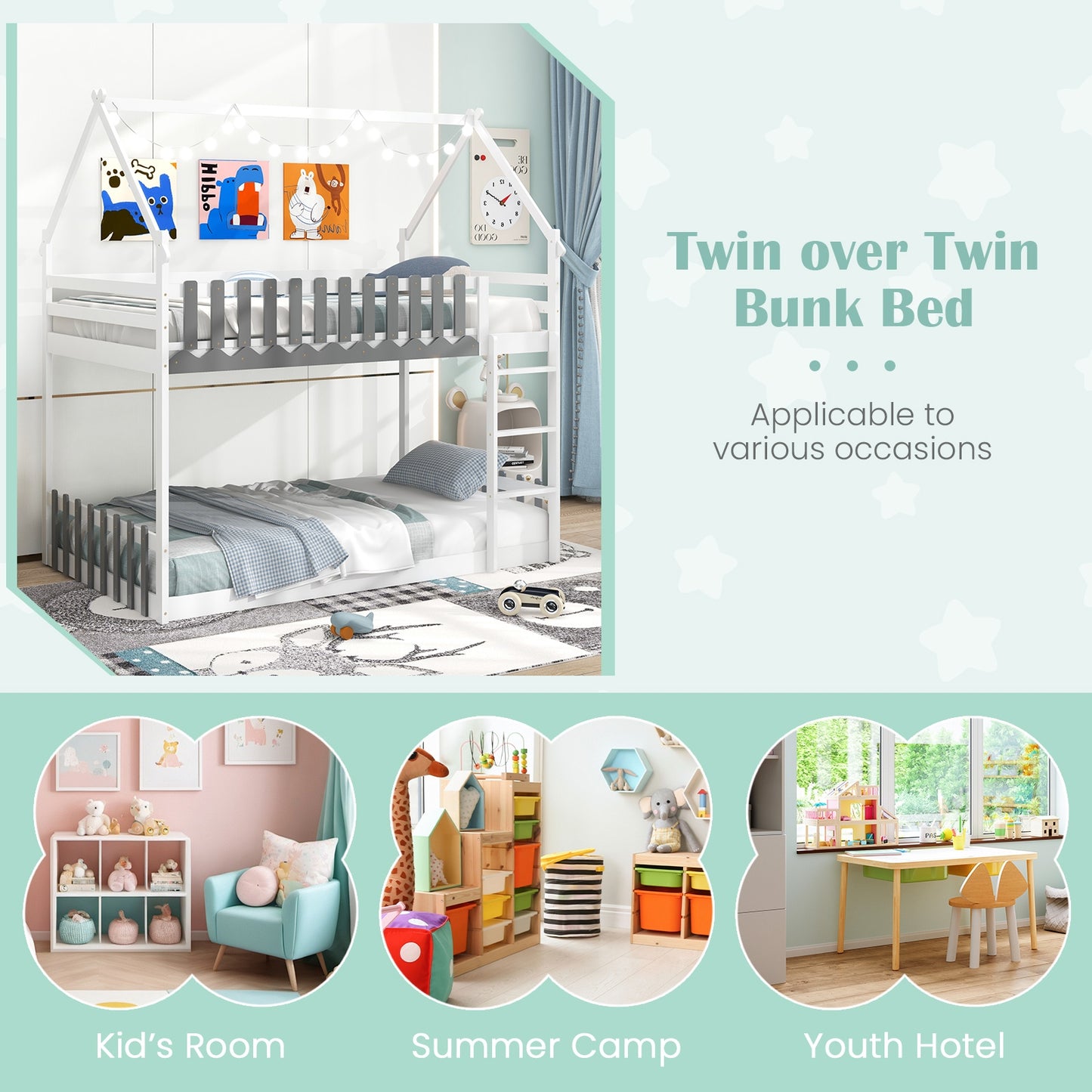 House-Shaped Twin Over Twin Bunk Bed with Fence Guardrails and Ladder for Kids - White