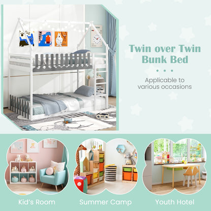 House-Shaped Twin Over Twin Bunk Bed with Fence Guardrails and Ladder for Kids - White