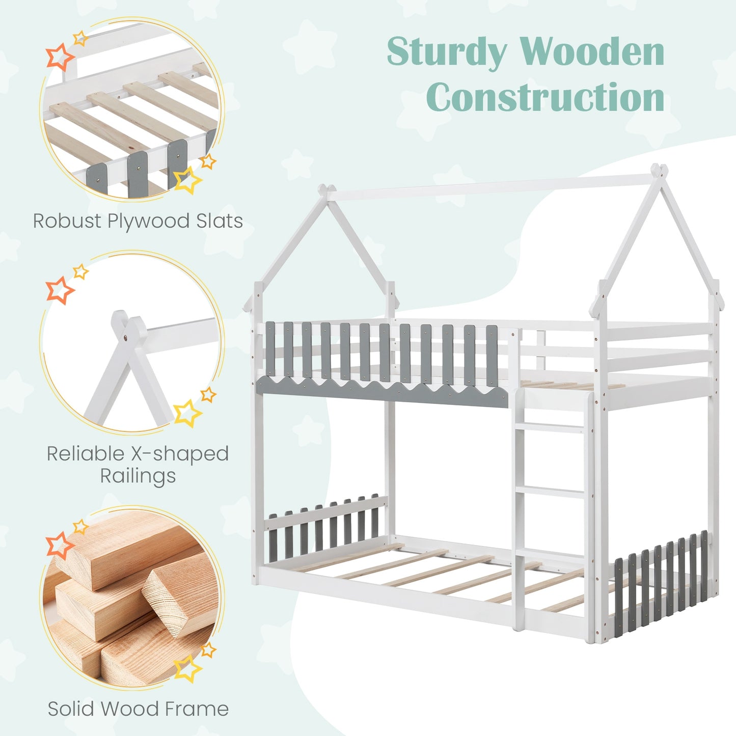 House-Shaped Twin Over Twin Bunk Bed with Fence Guardrails and Ladder for Kids - White