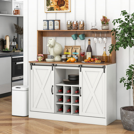Farmhouse Kitchen Buffet Cabinet with Charging Station Wine Rack and Sliding Barn Doors